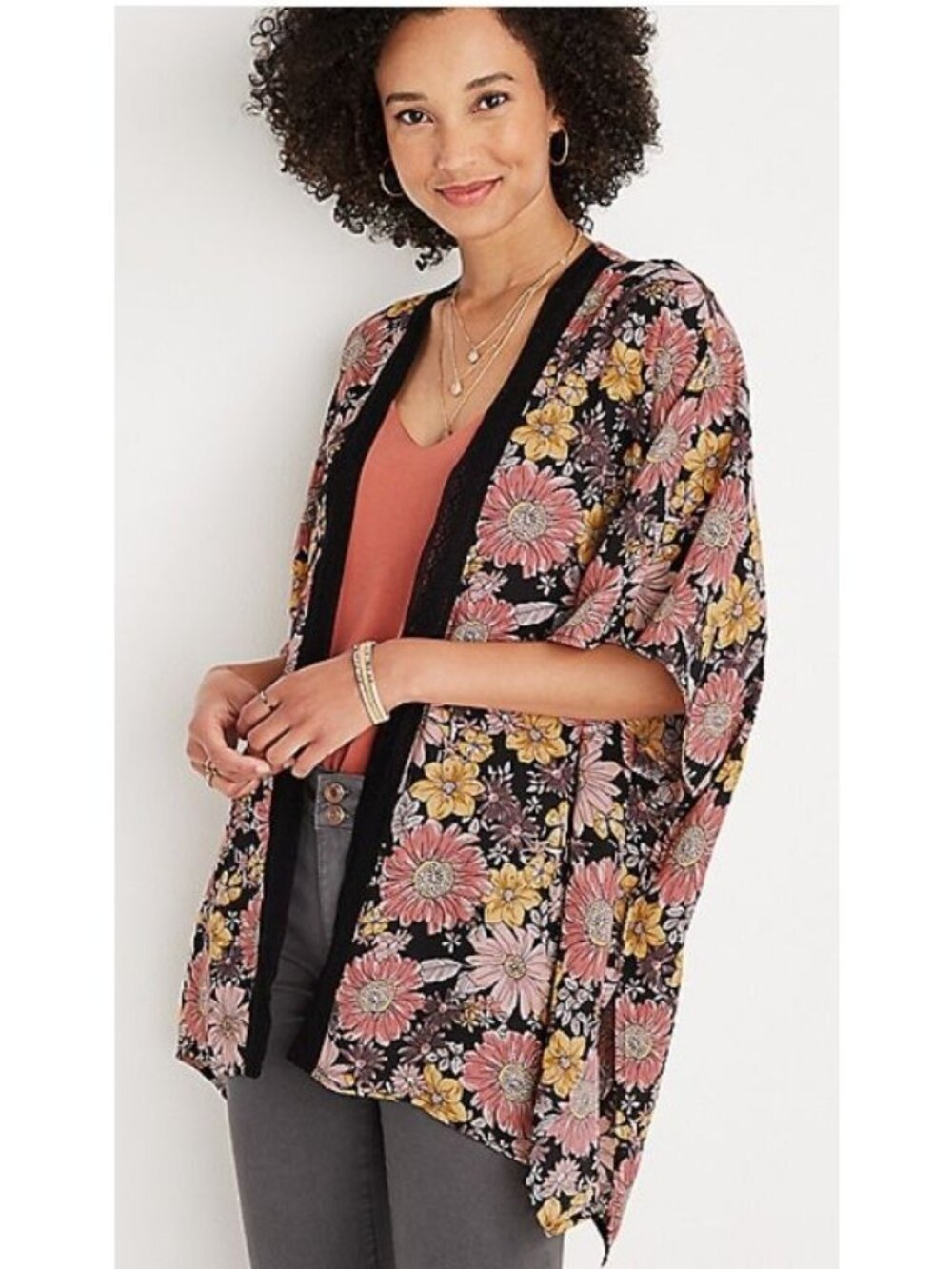 Maurices Kimono One Size Crochet Border Floral Print Open Front Boho Hippie NEW